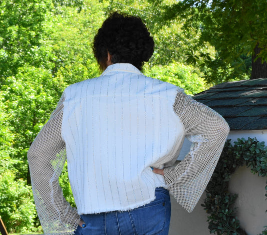 White Mesh Sleeve Jacket with Crystals