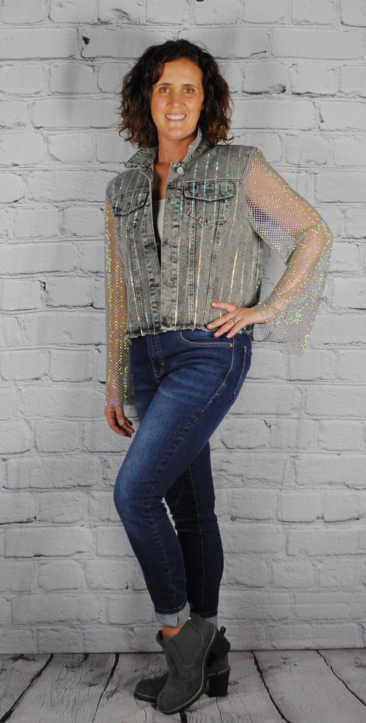 Grey Denim Jacket with Mesh Sleeves