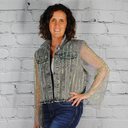 Grey Denim Jacket with Mesh Sleeves