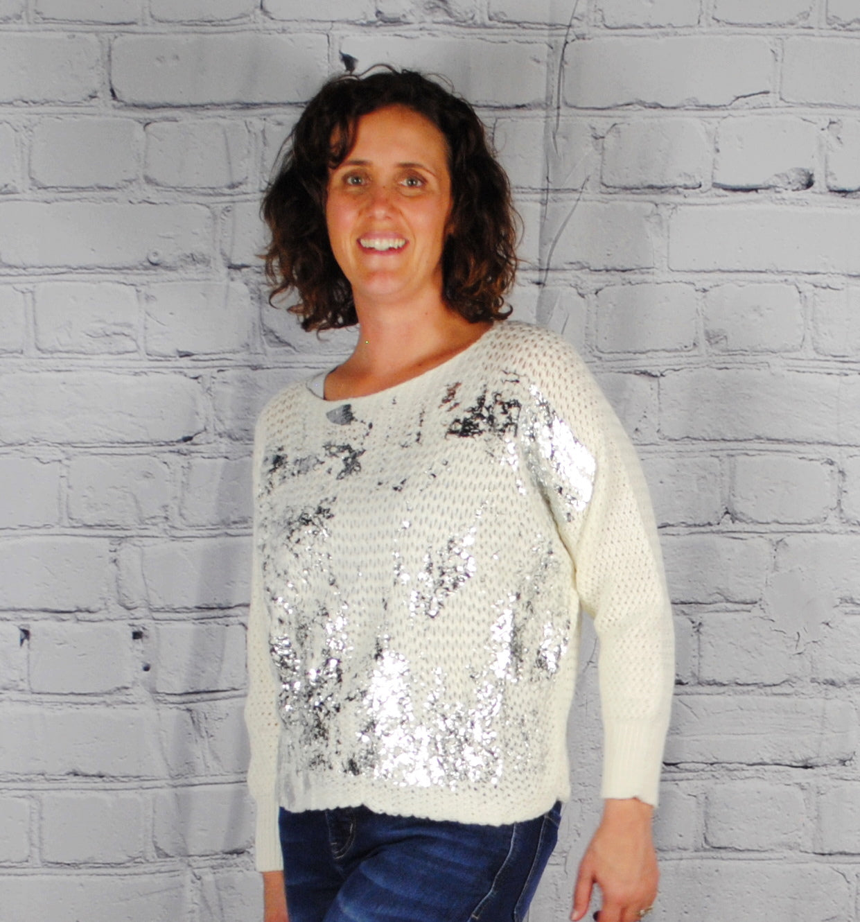 Open Knit Sweater with Silver Foil
