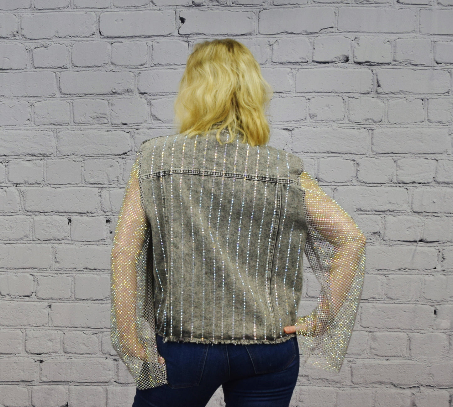 Grey Denim Jacket with Mesh Sleeves