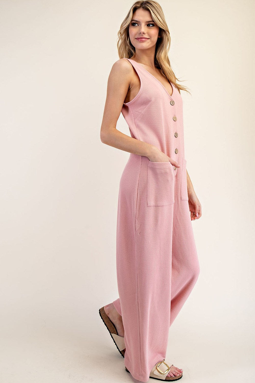 Button Down V Back Jumpsuit