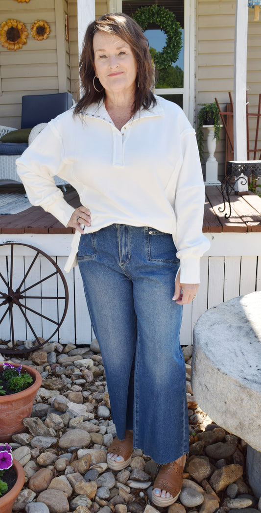 White Snap Front Sweatshirt