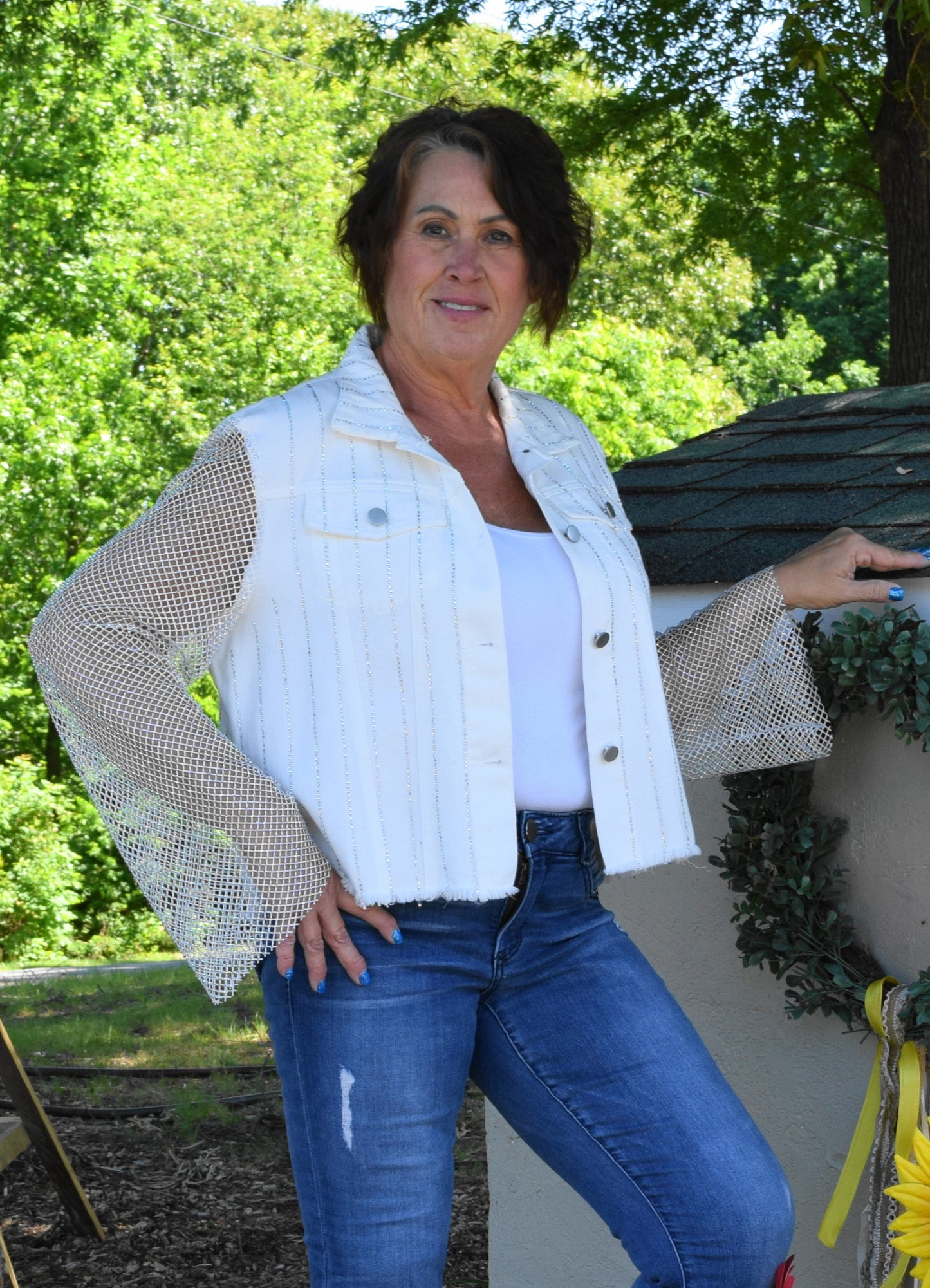 White Mesh Sleeve Jacket with Crystals