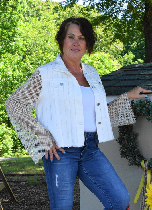 White Mesh Sleeve Jacket with Crystals