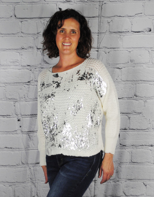 Open Knit Sweater with Silver Foil