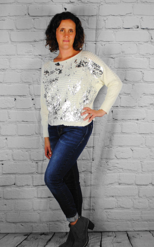 Open Knit Sweater with Silver Foil