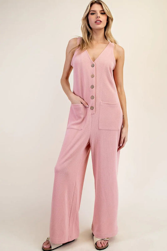 Button Down V Back Jumpsuit